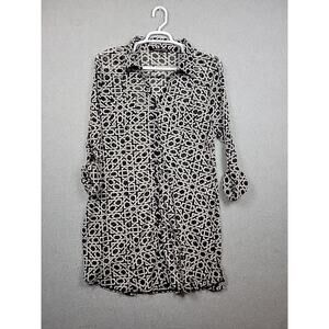 Always Indigo Black Geometric Sheer RTS Button Up Tunic Top Women's Plus 2X